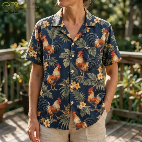 A woman wears a navy rooster-print shirt with beige shorts, showing the open collar, pale buttons, and left chest pocket.