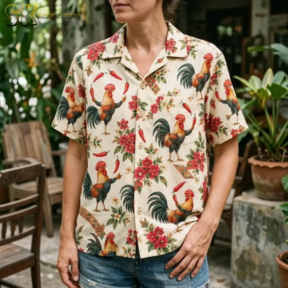 A woman wears a cream rooster Hawaiian shirt with denim shorts, with the front pocket and chili pepper print clearly visible.