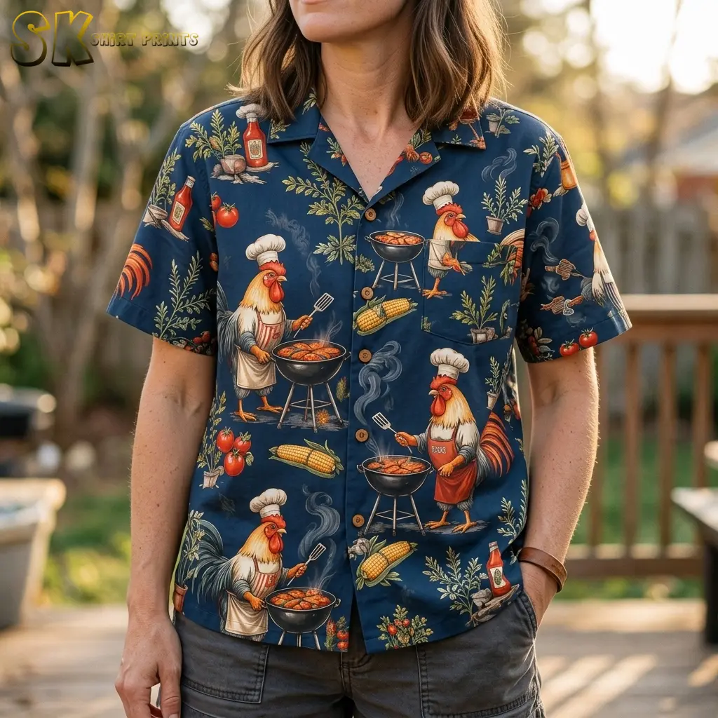 A woman wears a navy rooster Hawaiian shirt with dark shorts, showing its collar, chest pocket, and chef-rooster print.