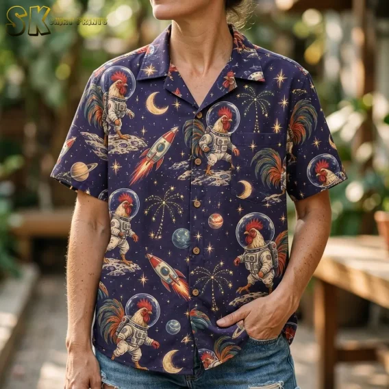 A woman wears a navy rooster Hawaiian shirt with denim shorts, showing the camp collar, chest pocket, and astronaut print.