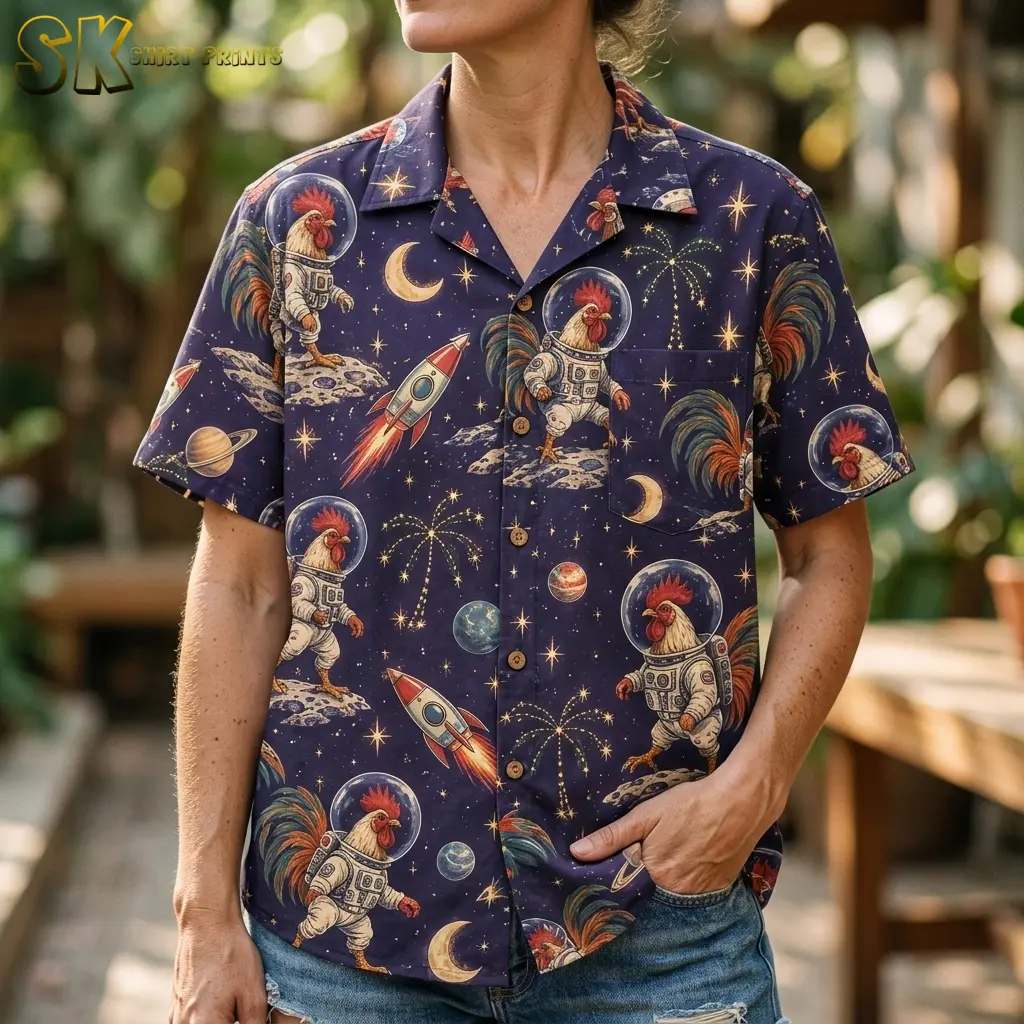A woman wears a navy rooster Hawaiian shirt with denim shorts, showing the camp collar, chest pocket, and astronaut print.