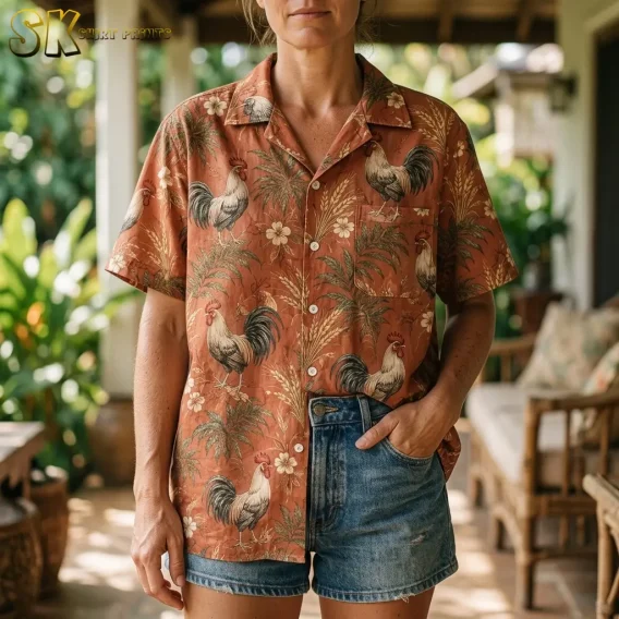 A woman wears a rooster Hawaiian shirt partially tucked into denim shorts, with one hand in a shorts pocket.