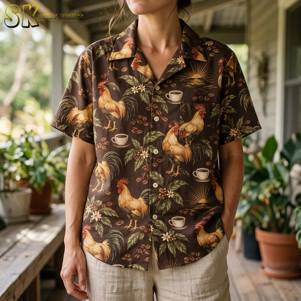 A close-up of a woman wearing the brown rooster shirt shows its open collar, button front, chest pocket, and coffee cup print.