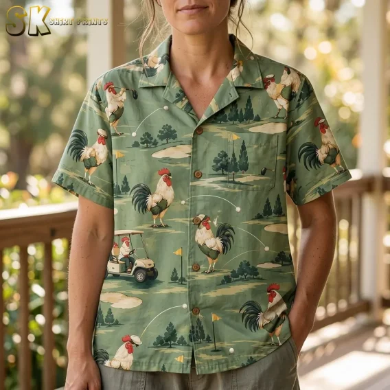 A woman wears a green rooster-print button-up shirt on a porch, with the camp collar, chest pocket, and golf cart illustration visible.