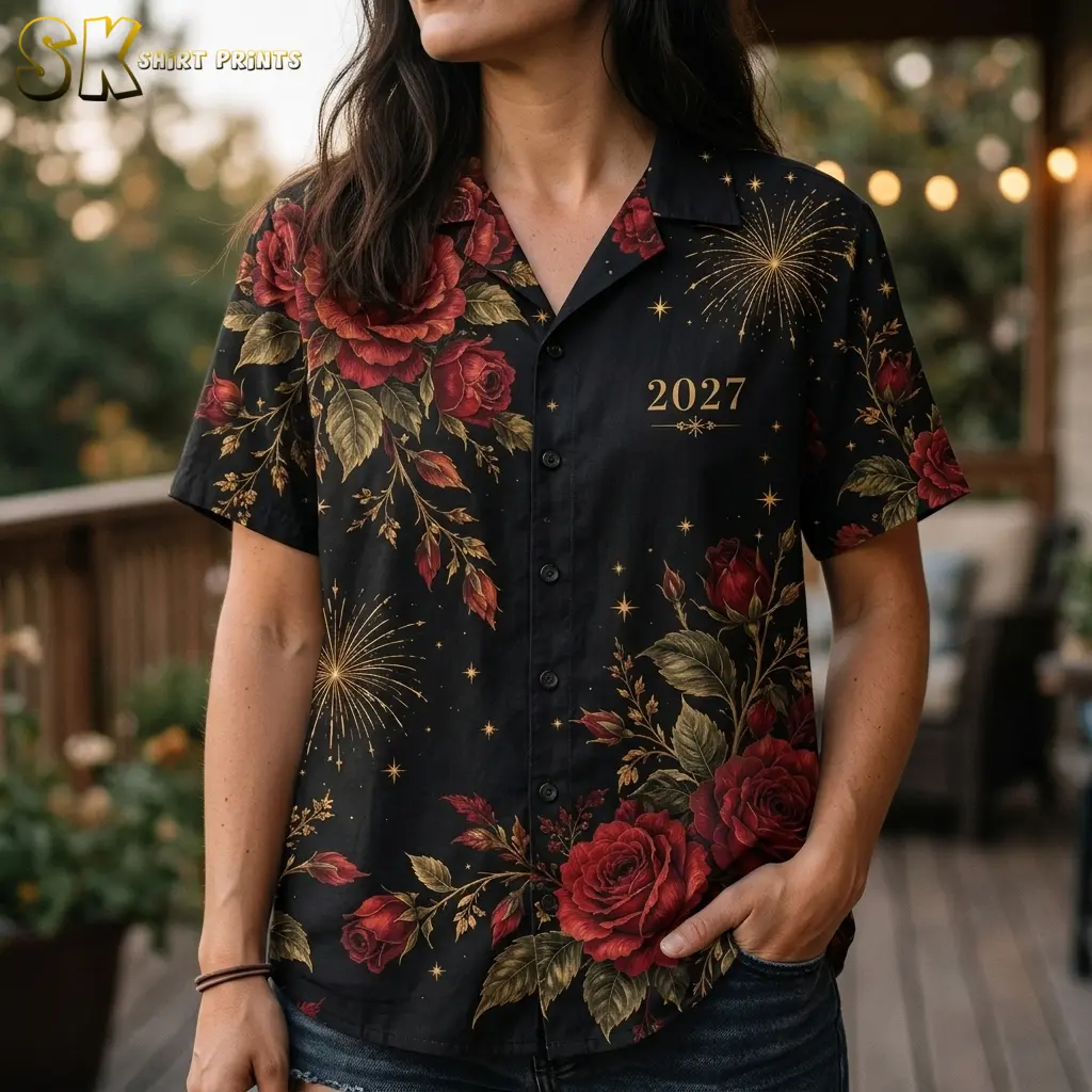 A woman wears the black button-up shirt with denim shorts, showing its gold “2027” chest detail and red rose print.