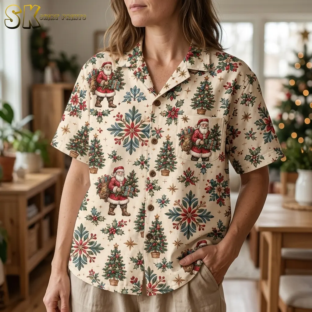 A woman wears a cream Christmas shirt indoors, with a close-up showing the Santa chest pocket, brown buttons, and floral print.