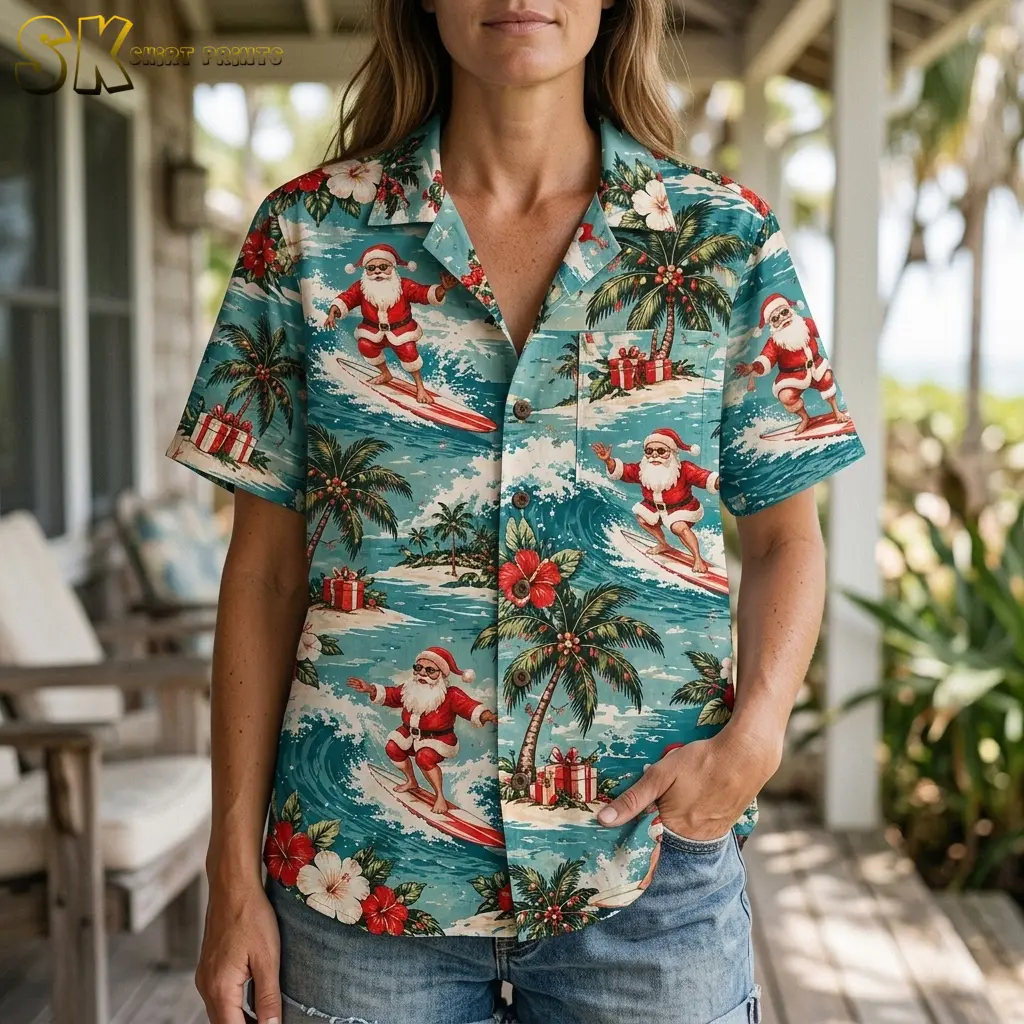 A woman wears a turquoise Santa aloha shirt with denim shorts, with the collar, front buttons, and chest pocket clearly visible.