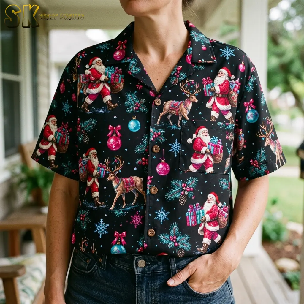 A woman wears a black Christmas themed Hawaiian shirt tucked into dark jeans, with a gift-carrying Santa visible on the chest pocket.