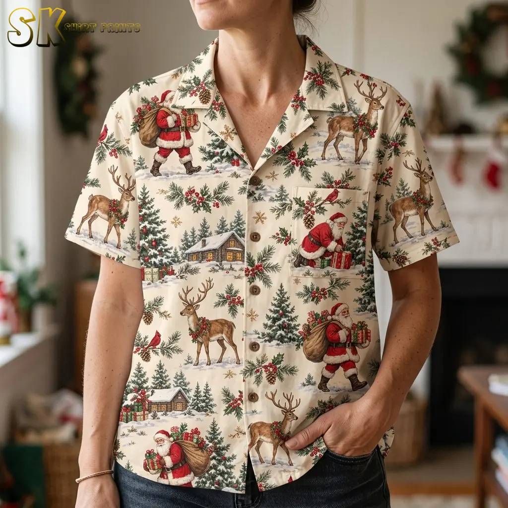 A woman wears a cream Hawaiian shirt with Santa Claus illustrations, with the collar, buttons, and chest pocket shown close up.