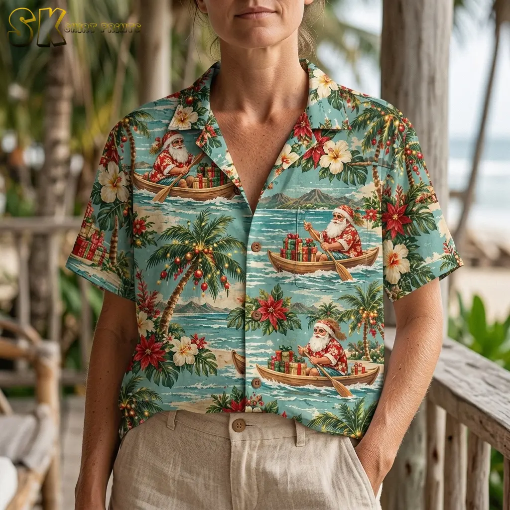 A woman wears a turquoise Hawaiian shirt with Santa Claus in gift-filled canoes, shown close up with beige pants.
