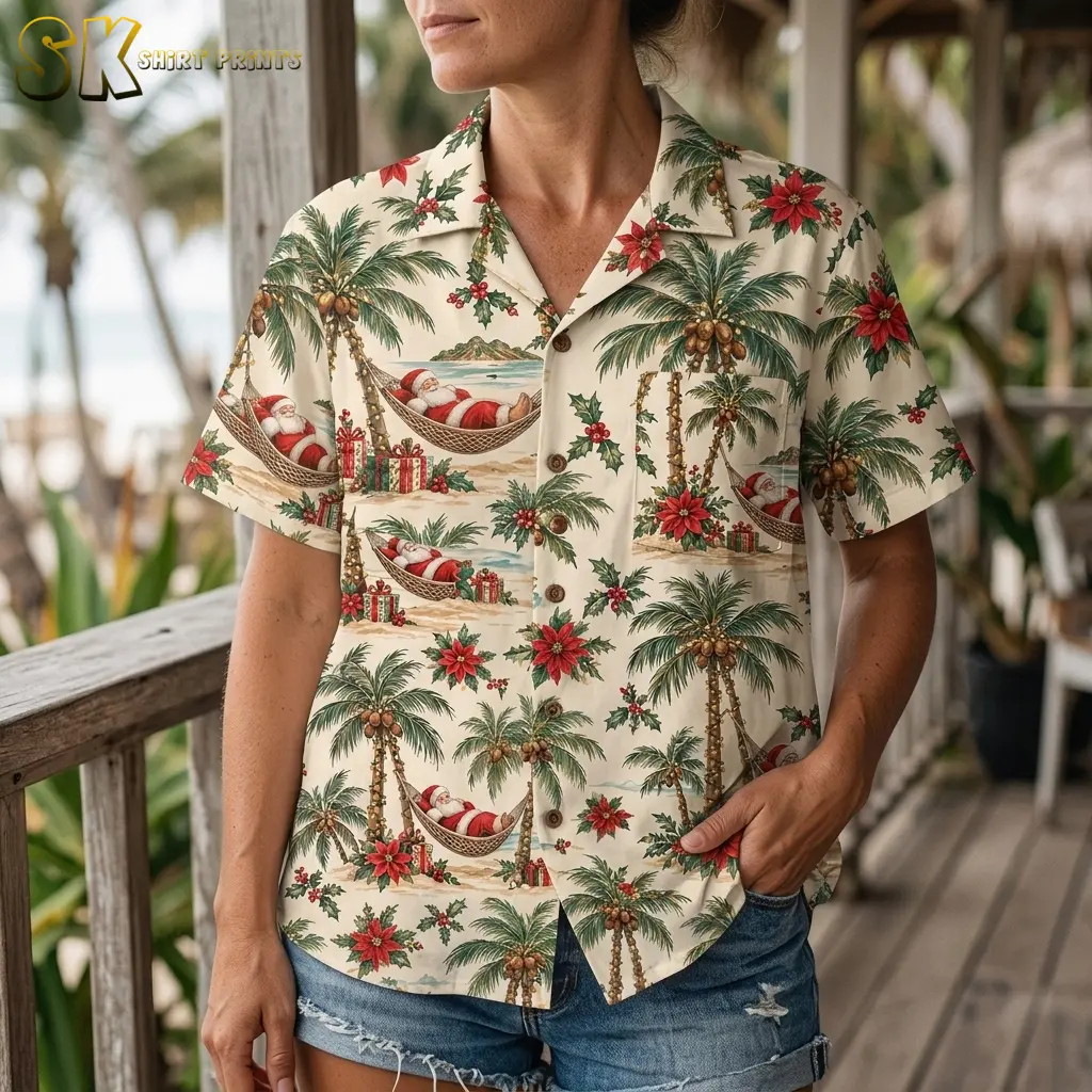 A woman wears a cream Santa aloha shirt with denim shorts, showing the button front and Santa hammock print in close-up.