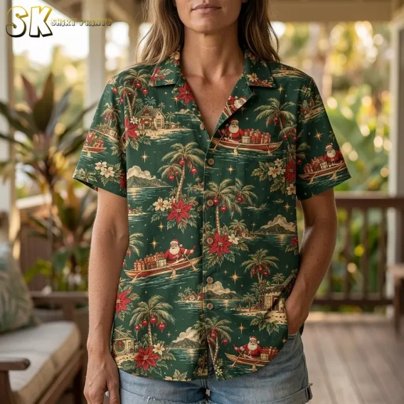 A woman wears a green Hawaiian Christmas shirt with denim shorts, showing Santa canoes, red flowers, and decorated palms.