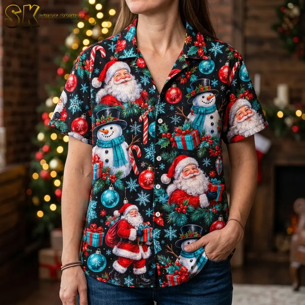 A woman wears a black Christmas themed Hawaiian shirt with large Santa and snowman motifs beside a lit Christmas tree.
