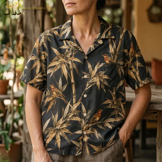 A close-up of a woman wearing the charcoal patterned shirt shows its collar, light-colored buttons, and left chest pocket.