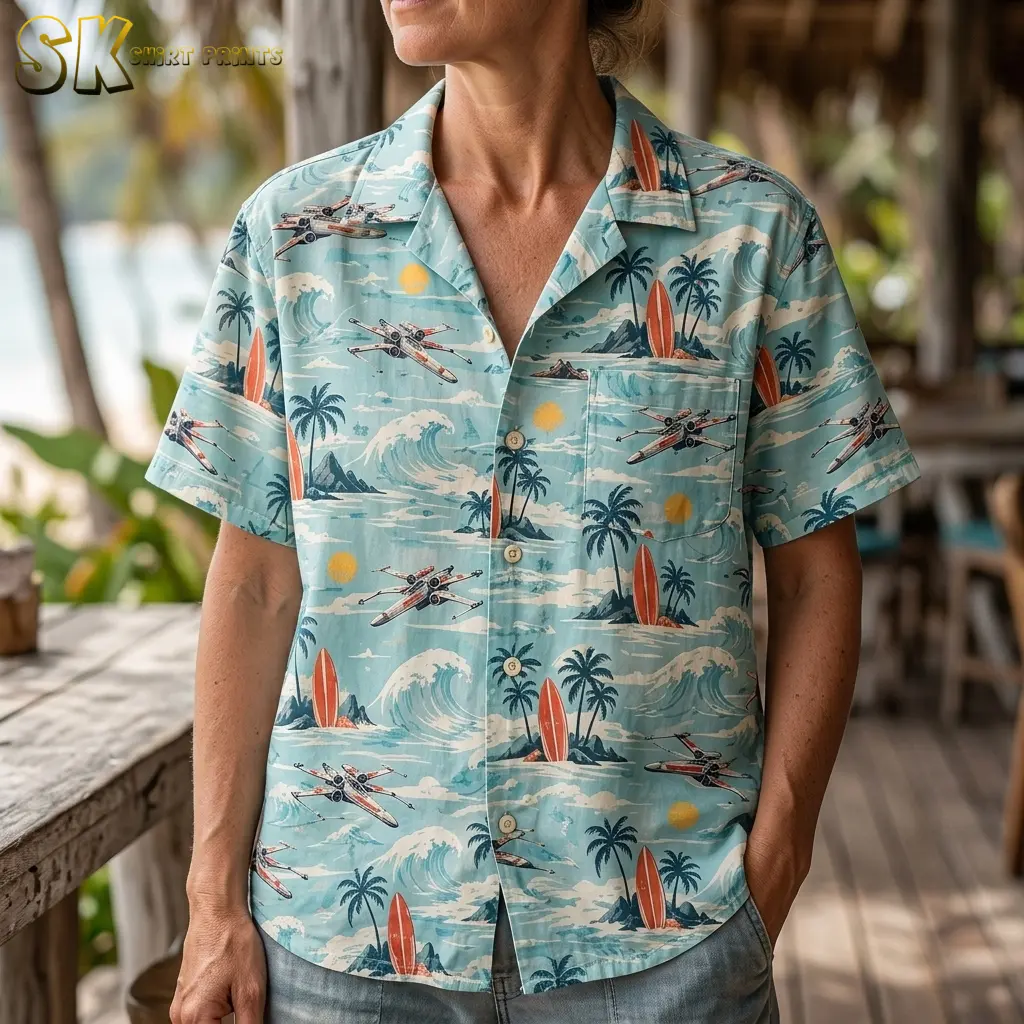 A woman models a light blue Star Wars Hawaiian button-up shirt, with the open collar and printed chest pocket shown close up.