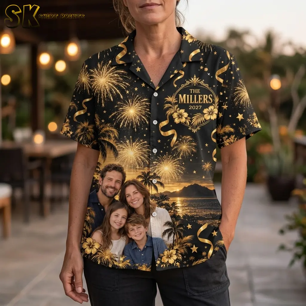 A woman wears a black button-up shirt with a gold “The Millers 2027” chest emblem and a family portrait across the lower front.