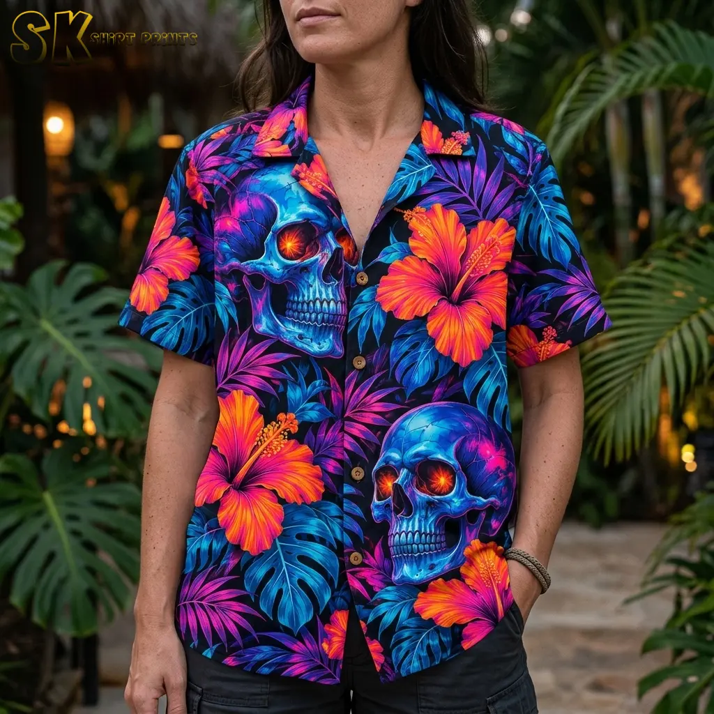 A woman wears a spooky Hawaiian shirt in a close-up showing the open collar, front buttons, and blue skulls with orange eye sockets.