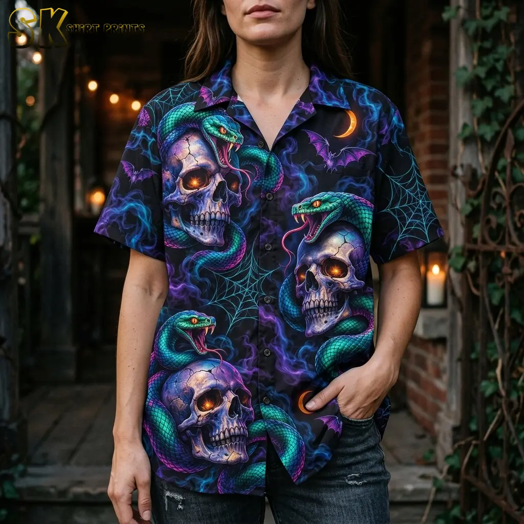 A woman wears a spooky Hawaiian shirt with large skulls and teal snakes, shown closely from the collar to the hem.