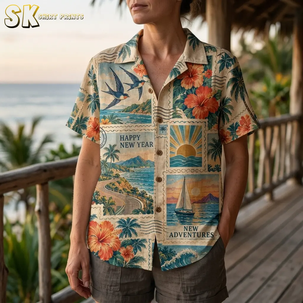 A woman wears the tropical stamp-print shirt with dark shorts, showing its collar, front buttons, and sailboat panel on an oceanfront deck.