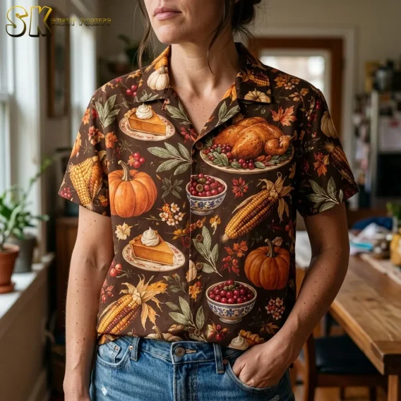 A woman indoors wears a brown Thanksgiving button-up shirt with visible collar, front buttons, and pumpkin pie illustrations.