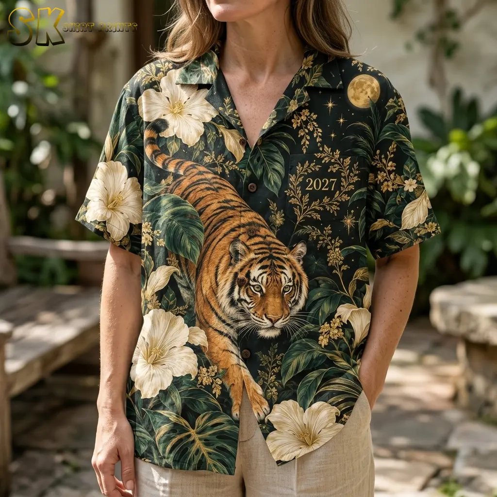 A woman wears a black button-up shirt with a large tiger across the front, white hibiscus flowers, and gold 2027 chest lettering.