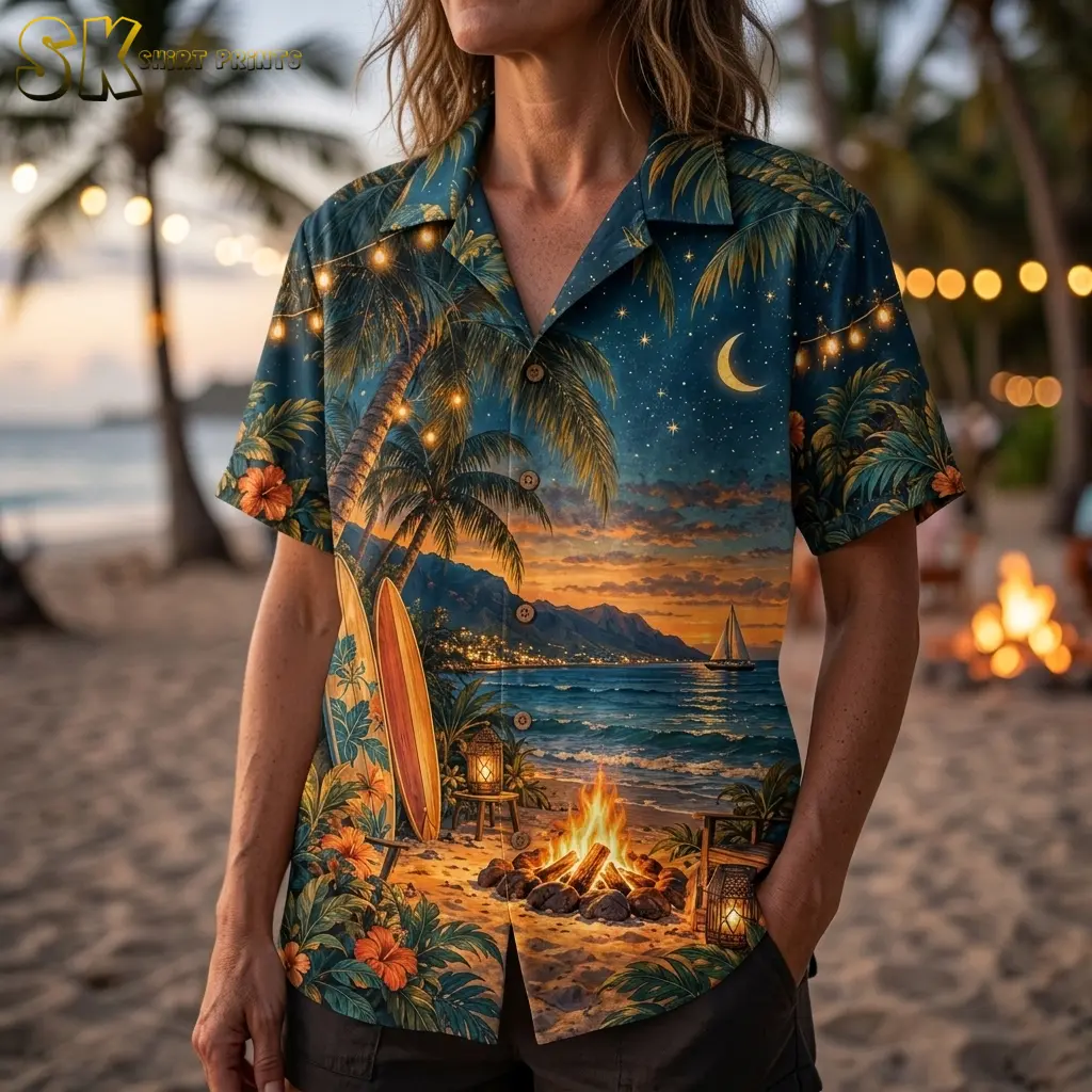 A woman wears the tropical button-up shirt with dark shorts, showing the collar, crescent moon, surfboards, and bonfire print up close.