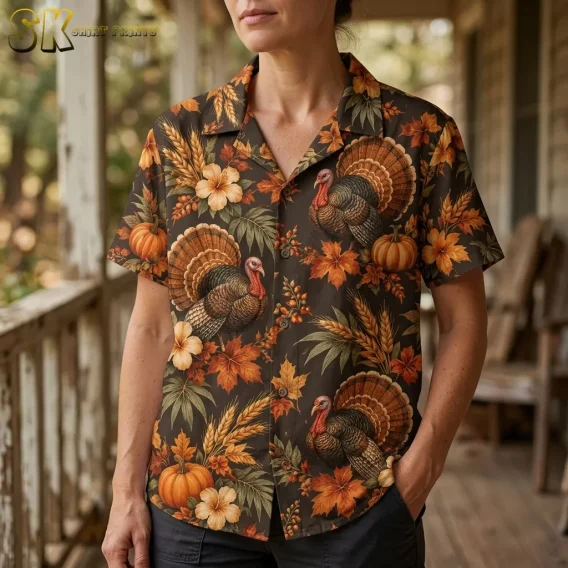 A woman on a wooden porch wears a turkey-print button-up shirt with an open collar and one hand in her pants pocket.