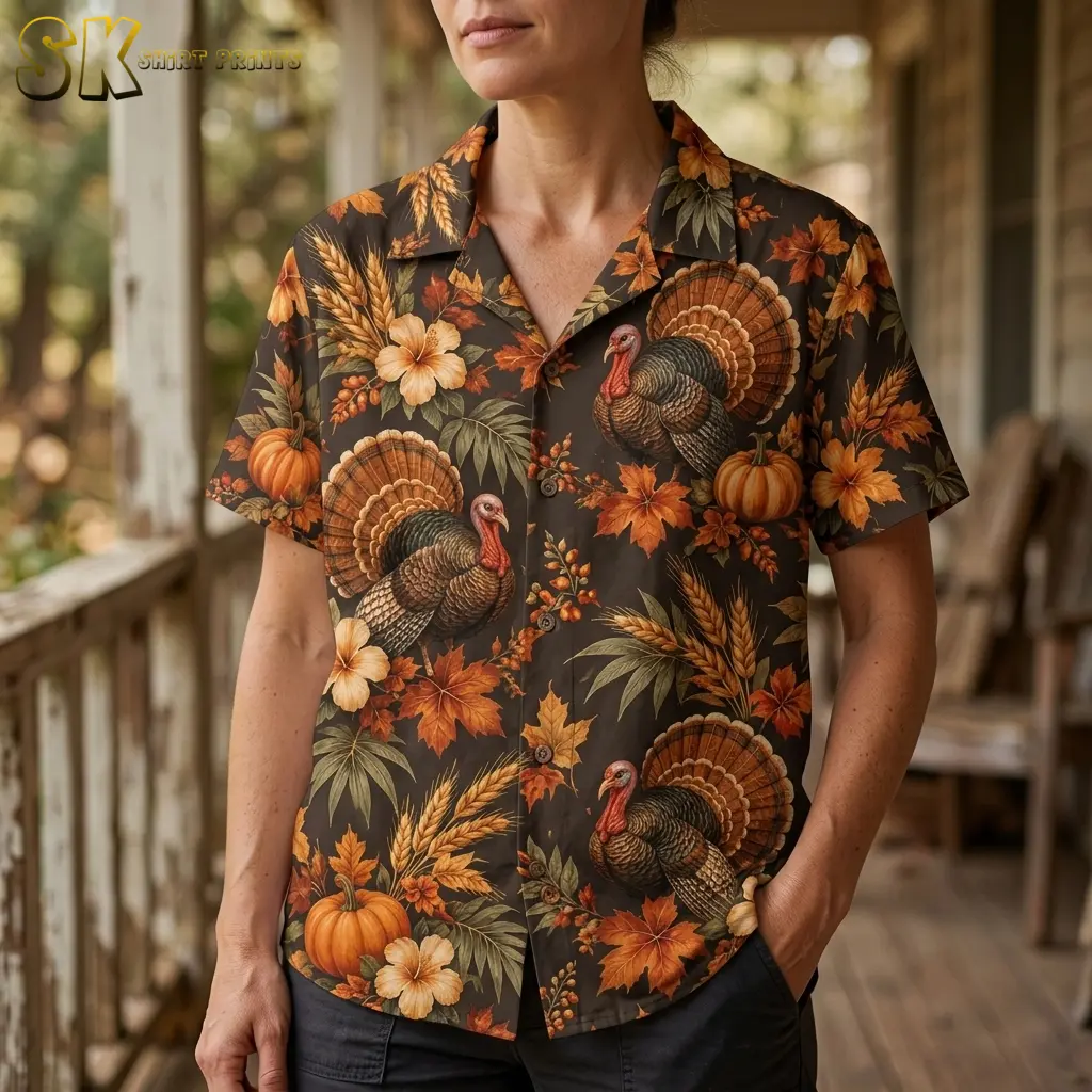 A woman on a wooden porch wears a turkey-print button-up shirt with an open collar and one hand in her pants pocket.