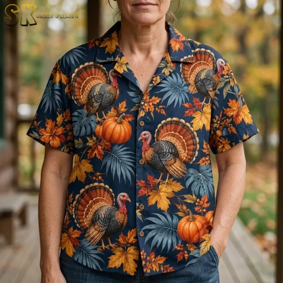 A woman wears a navy Thanksgiving button-up shirt with detailed turkey feathers and orange pumpkins in a close-up outdoor portrait.