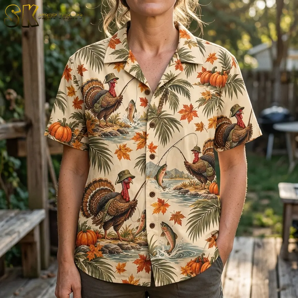 A woman wears a beige Thanksgiving button-up shirt with brown buttons and large illustrations of turkeys catching fish.