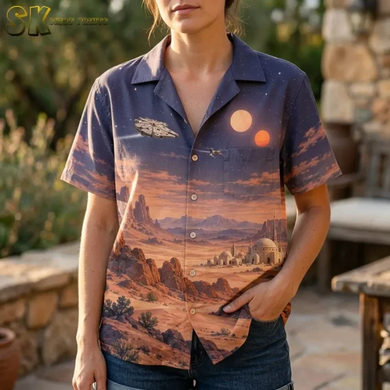 A woman wears a Star Wars Hawaiian button up shirt with denim shorts, showing the camp collar, chest pocket, and spacecraft print.