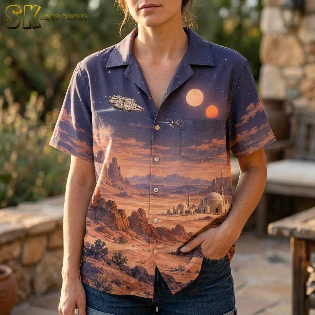 A woman wears a Star Wars Hawaiian button up shirt with denim shorts, showing the camp collar, chest pocket, and spacecraft print.
