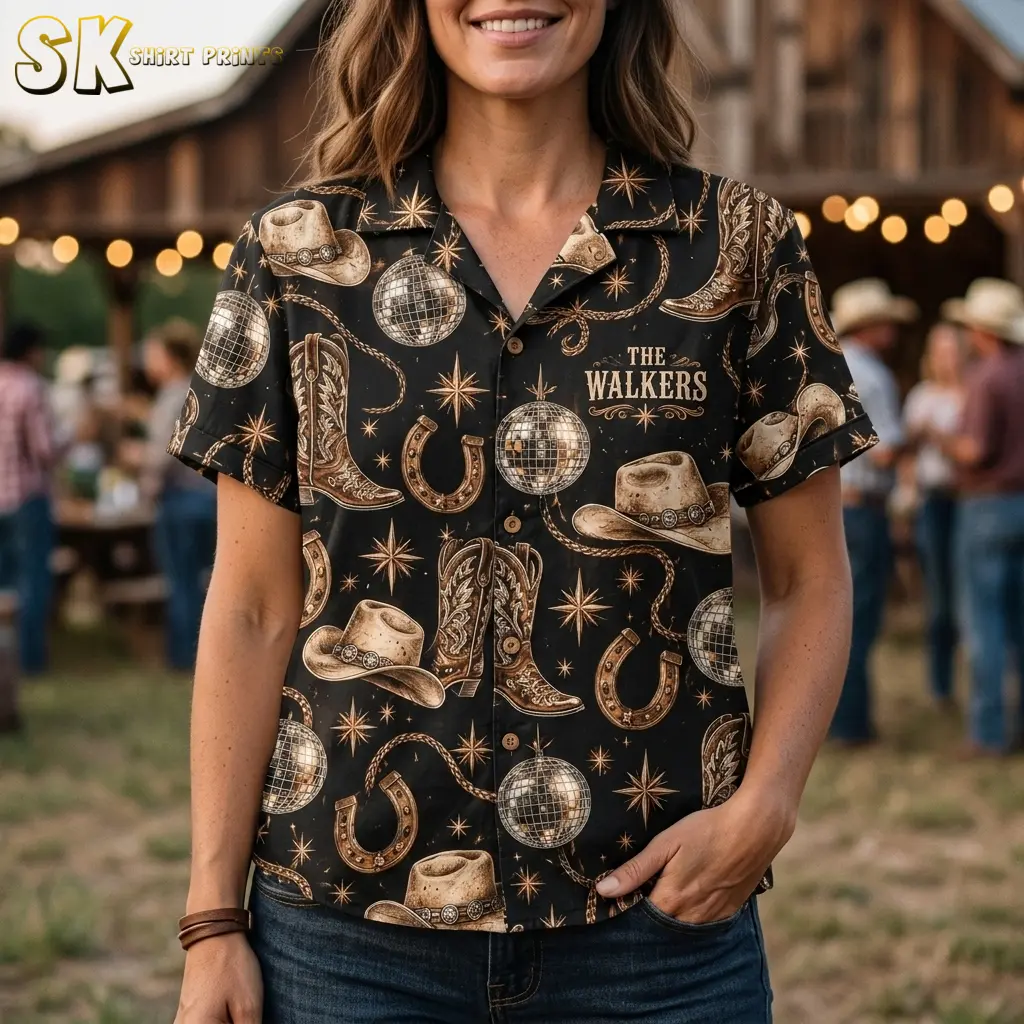 A woman wears a black short-sleeve shirt with “THE WALKERS” chest lettering, tan cowboy hats, and silver-toned disco balls.