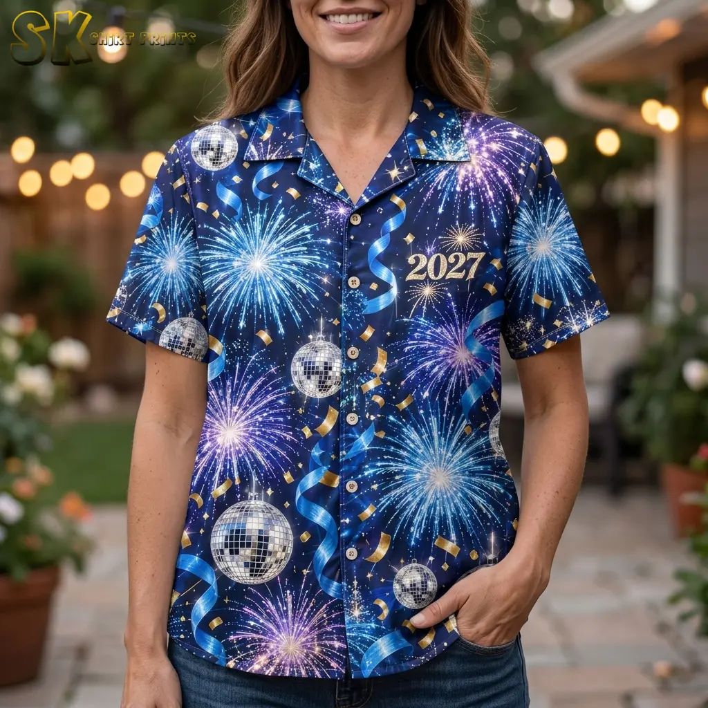 A woman wears the navy fireworks shirt with jeans, showing the pointed collar, front buttons, and gold “2027” chest detail.