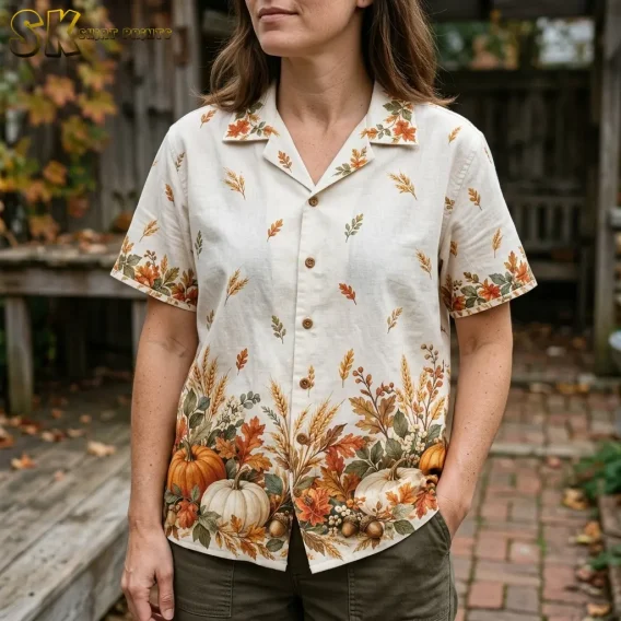 A woman wears a cream button-up shirt with autumn leaves on the collar and sleeves and orange and white pumpkins near the hem.