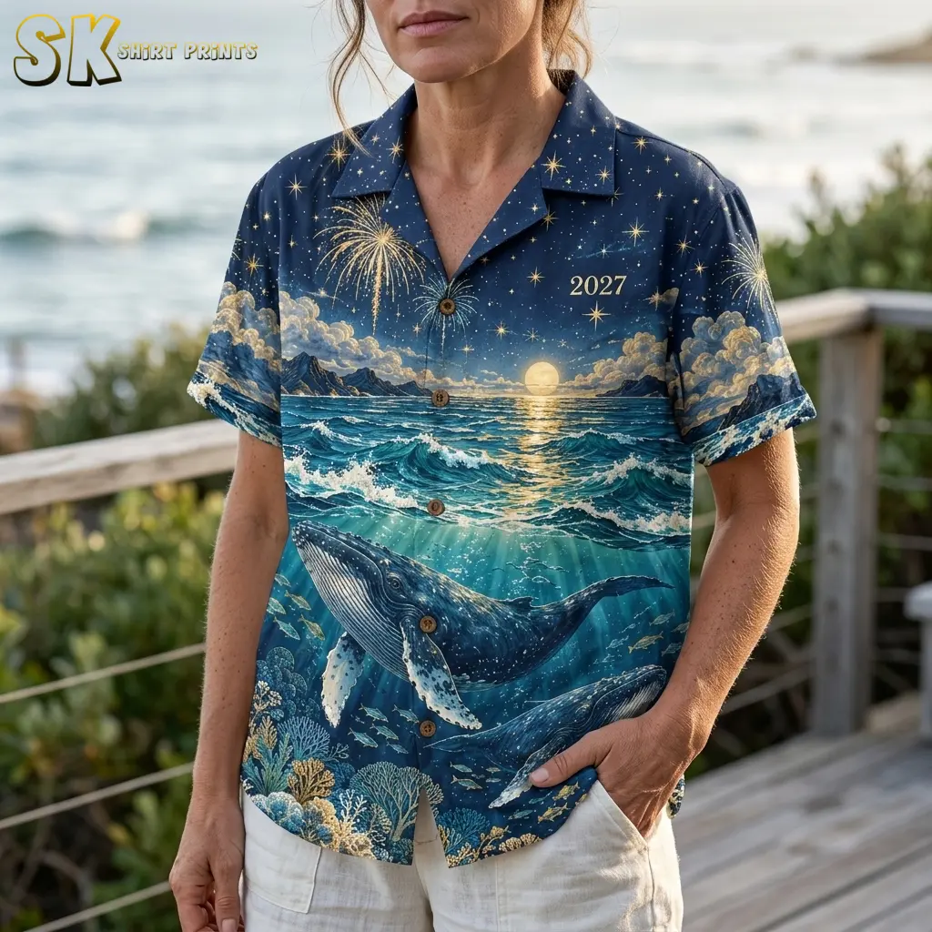 A woman wears the navy New Year shirt with white pants, showing the open collar, 2027 chest detail, and large whale print.
