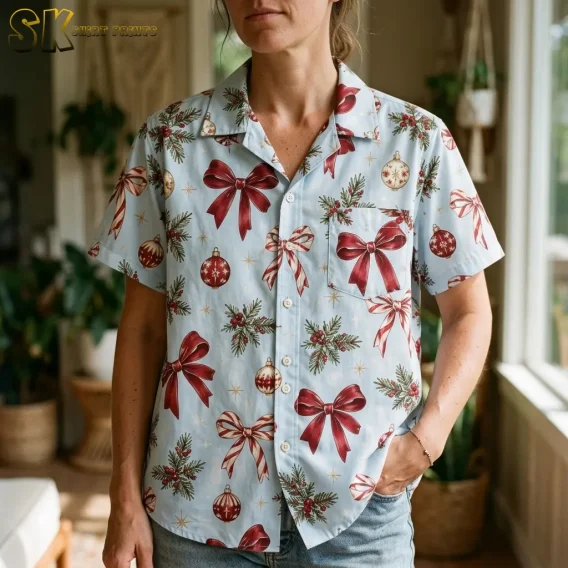 A woman stands beside a window wearing a light blue holiday shirt with red bows, pine sprigs, and a chest pocket.