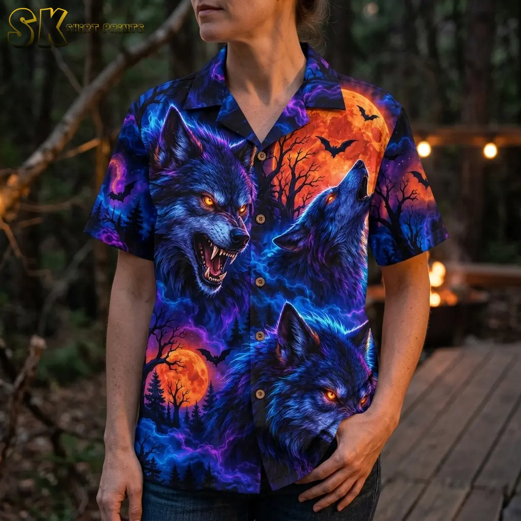 A woman wears a blue wolf print button-up shirt in a close front view, highlighting orange eyes and a moon with bat silhouettes.