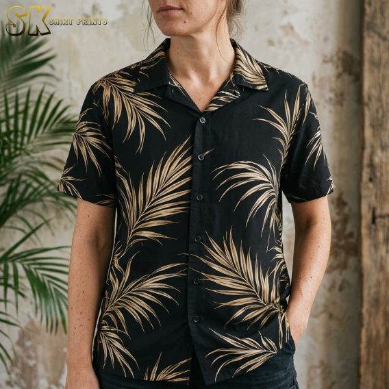 A woman photographed from the neck to the hips wears a black short-sleeve camp-collar shirt with large tan palm frond illustrations, standing against a weathered plaster wall.