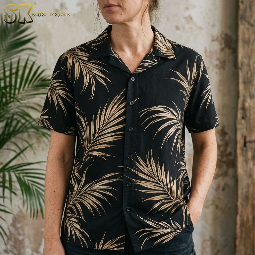 A woman photographed from the neck to the hips wears a black short-sleeve camp-collar shirt with large tan palm frond illustrations, standing against a weathered plaster wall.