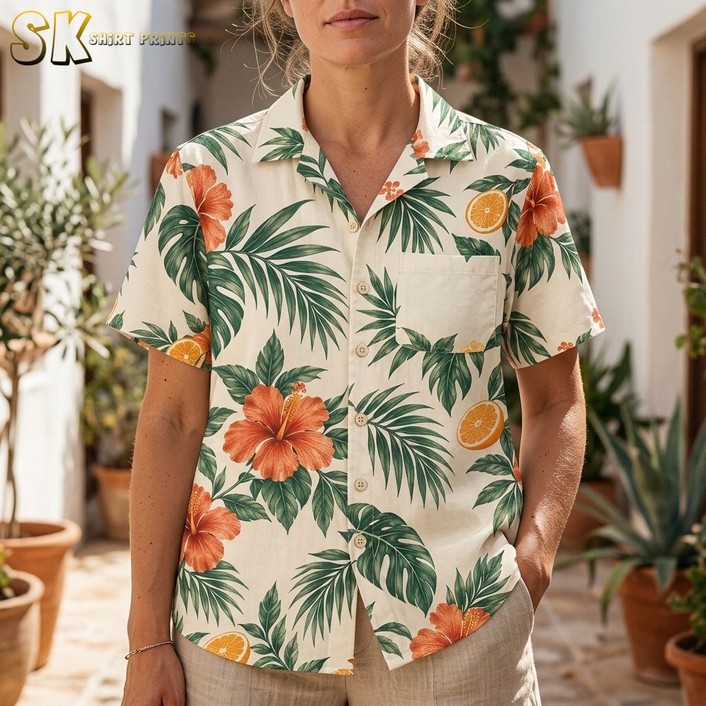 A woman stands in a sunny courtyard wearing the cream camp-collar shirt, with the camera framing her torso closely enough to show the hibiscus flowers, orange slice motifs, and the unprinted chest pocket in clear detail.