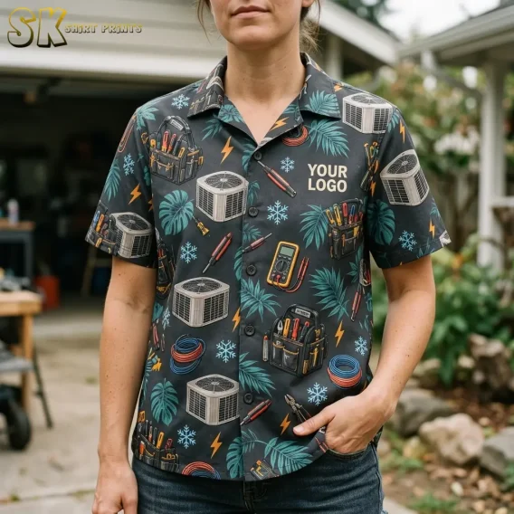 A woman stands in a residential driveway wearing the dark charcoal Hawaiian shirt, with the 'YOUR LOGO' chest text, a multimeter motif, tool bags, and blue snowflakes clearly visible at close range.