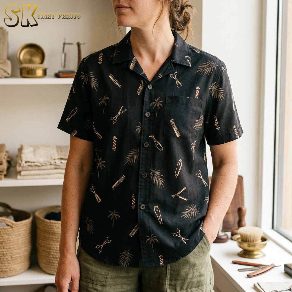 A woman wearing a black short-sleeve shirt with a scattered pattern of combs, scissors, clippers, straight razors, barber poles, and palm leaves, photographed from the chest up in an indoor setting.