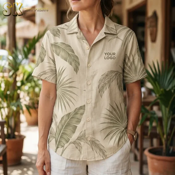 A woman standing in a plant-filled courtyard wearing a beige short-sleeve shirt printed with large botanical palm and banana leaves, with 'YOUR LOGO' visible on the upper left chest.