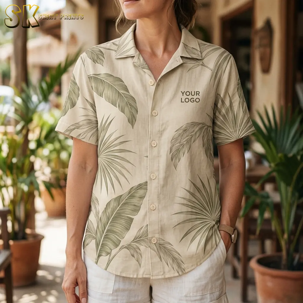 A woman standing in a plant-filled courtyard wearing a beige short-sleeve shirt printed with large botanical palm and banana leaves, with 'YOUR LOGO' visible on the upper left chest.