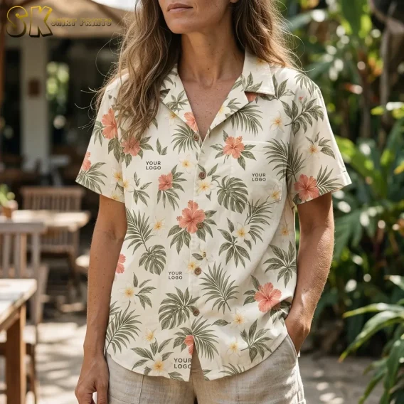 A woman wearing a custom logo Hawaiian shirt stands at an outdoor café surrounded by greenery, with the coral hibiscus and plumeria print and multiple logo placeholder spots visible across the chest.