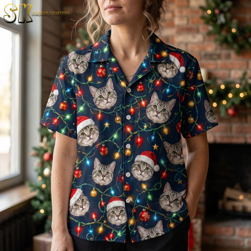 A woman wearing the navy cat-print shirt buttoned up, photographed from the shoulders down in front of a decorated Christmas tree and brick fireplace, showing the density of the all-over cat and string-light pattern up close.