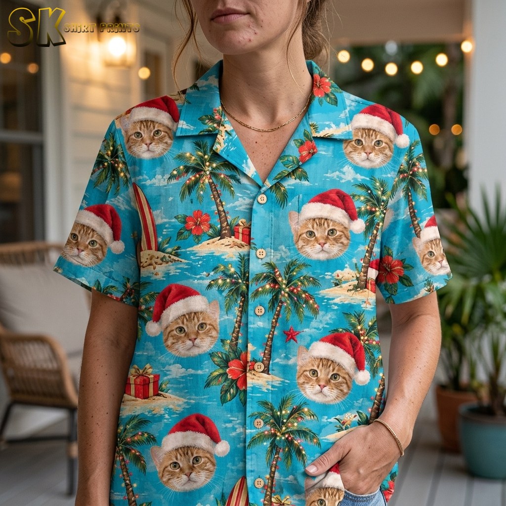 Close-up of a woman wearing the santa tropical shirt on an evening porch, highlighting the large photorealistic tabby cat faces in Santa hats and the vibrant turquoise base color at near detail.