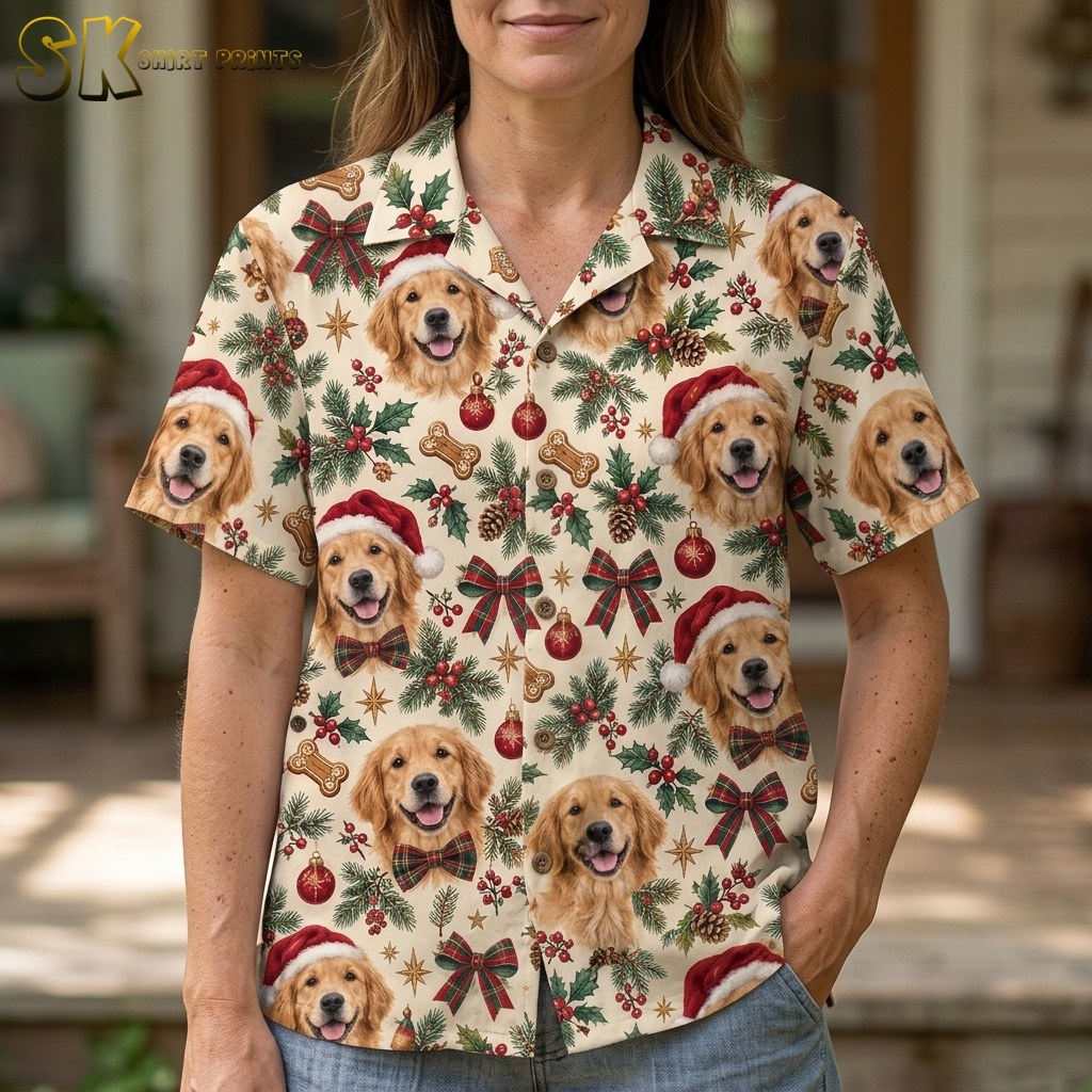 A woman wearing the christmas hawaiian shirt womens version stands outdoors, with the Golden Retriever faces, plaid bows, red baubles, and holly detail filling the frame at close range.