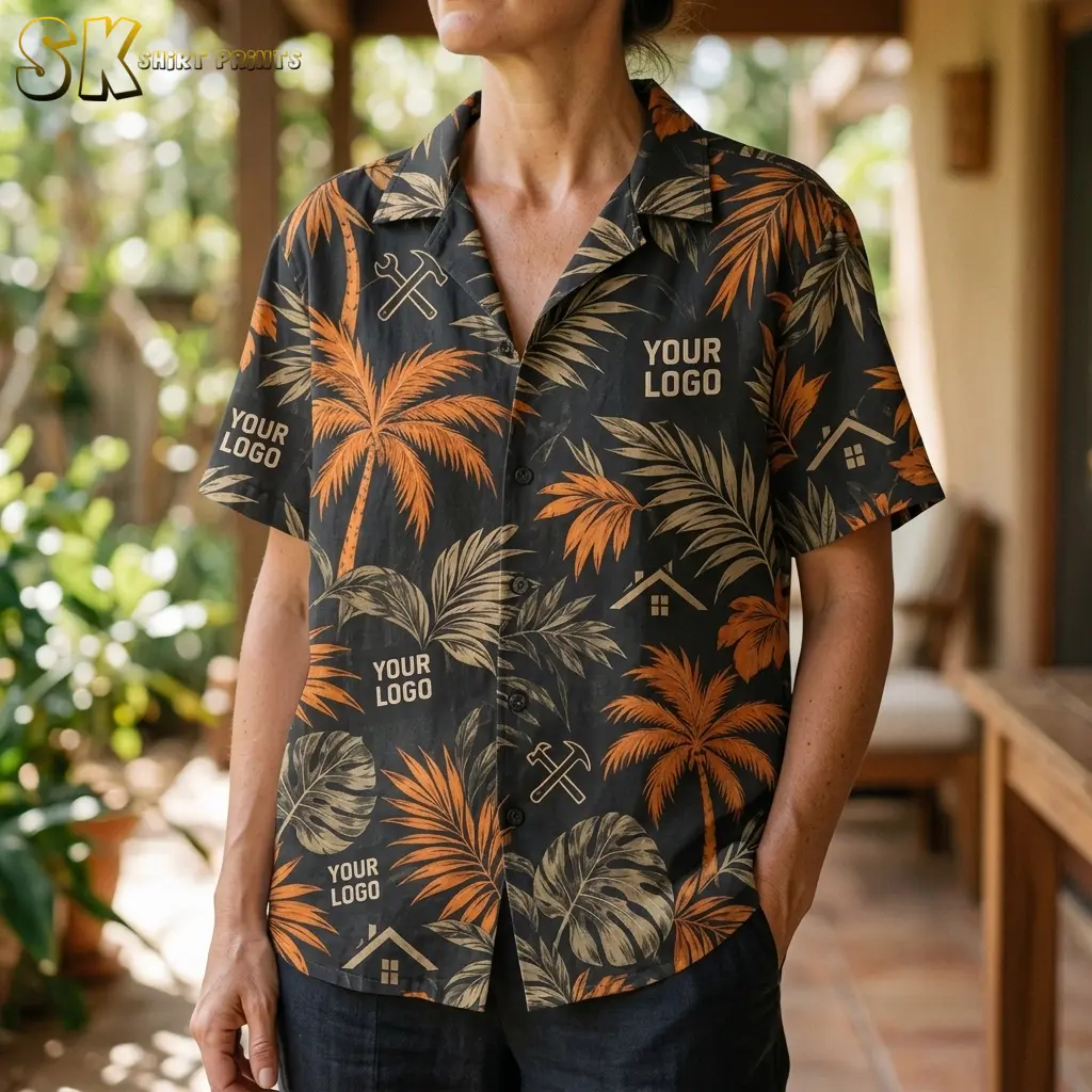 A woman wearing the black camp collar shirt outdoors, with the 'YOUR LOGO' chest placement and crossed hammer-and-wrench icon visible alongside large orange monstera and palm leaf motifs.